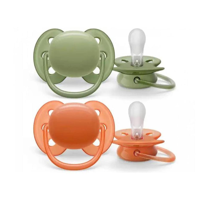 2 Ultra Soft Pacifiers +18m Green/Orange