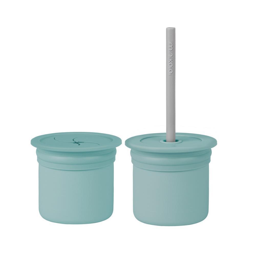 Vaso para beber/comida de color verde aguamarina/gris empolvado con pajita de silicona