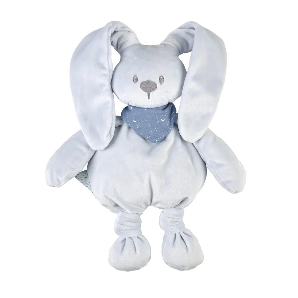 Peluche de conejo azul Nattou Lapidou con bufanda que brilla en la oscuridad.