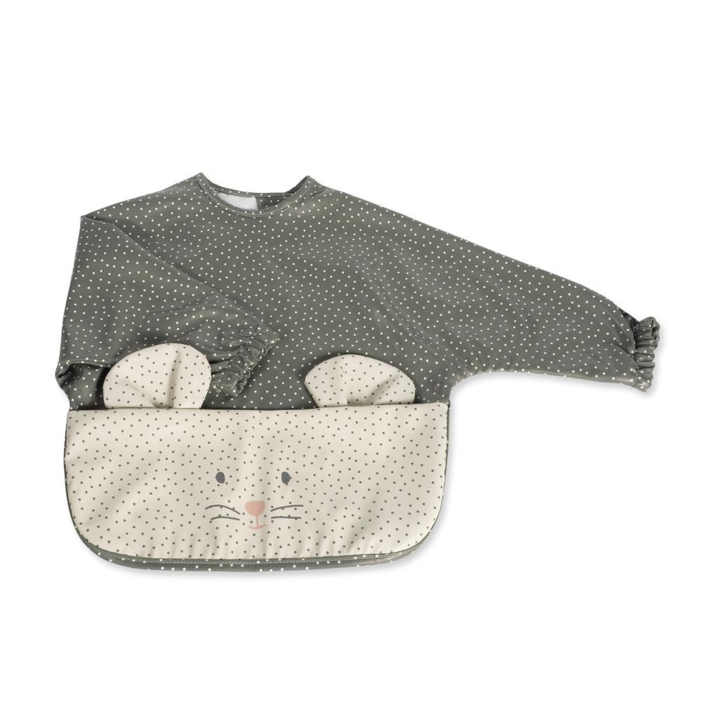 Babero con mangas para mamá paseando con estampado de ratón y amapola.