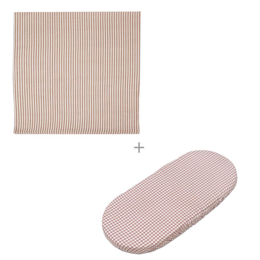 Conjunto de Lençóis para Alcofa Walking Mum Praliné Vichy/Strips Moka